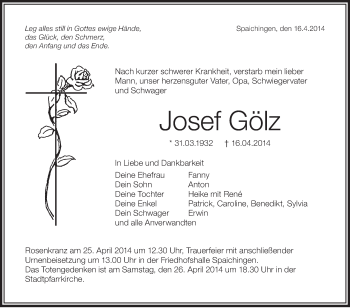 Anzeige von Josef Gölz von Schwäbische Zeitung