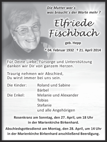 Anzeige von Elfriede Fischbach von Schwäbische Zeitung