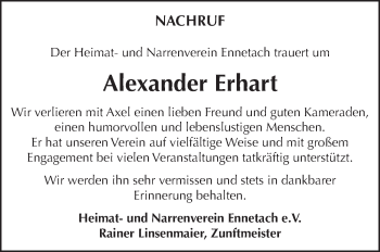 Anzeige von Alexander Erhart von Schwäbische Zeitung