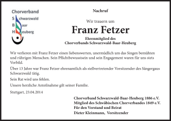 Anzeige von Franz Fetzer von Schwäbische Zeitung