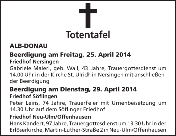 Anzeige von Totentafel  vom 25.04.2014 von Schwäbische Zeitung