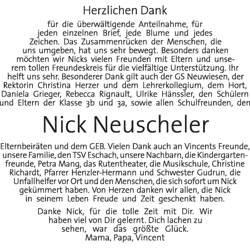  Traueranzeige für Nick Neuscheler vom 28.04.2014 aus Schwäbische Zeitung