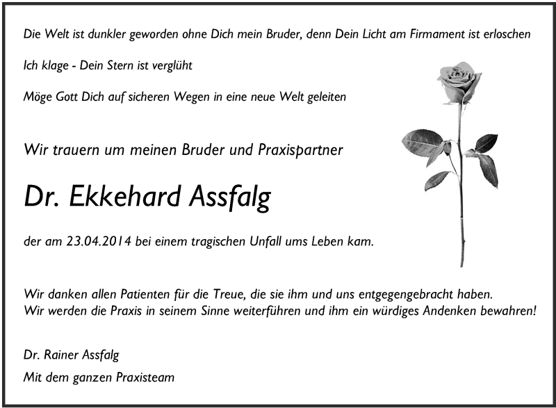  Traueranzeige für Ekkehard Assfalg vom 29.04.2014 aus Schwäbische Zeitung