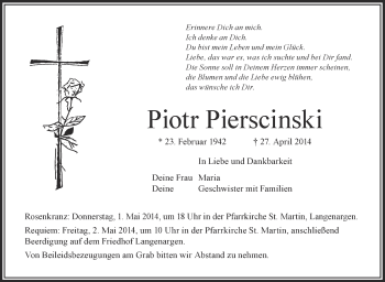 Anzeige von Piotr Pierscinski von Schwäbische Zeitung