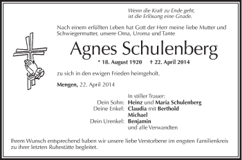 Anzeige von Agnes Schulenberg von Schwäbische Zeitung