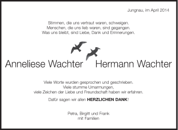 Anzeige von Anneliese und Hermann Wachter von Schwäbische Zeitung