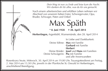 Anzeige von Max Späth von Schwäbische Zeitung