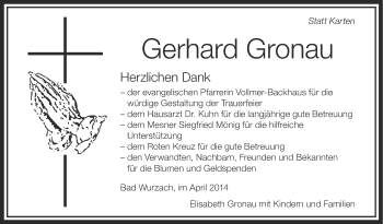 Anzeige von Gerhard Gronau von Schwäbische Zeitung