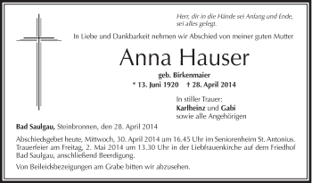 Anzeige von Anna Hauser von Schwäbische Zeitung