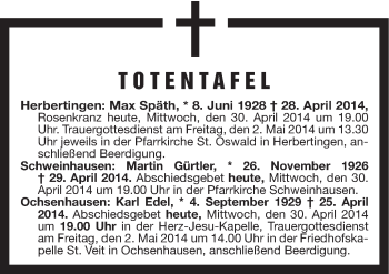 Anzeige von Totentafel vom 30.04.2014 von Schwäbische Zeitung