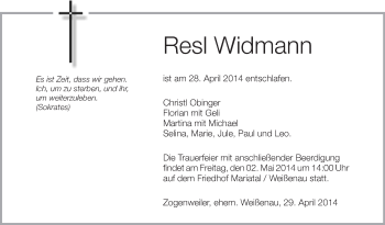 Anzeige von Resl Widmann von Schwäbische Zeitung