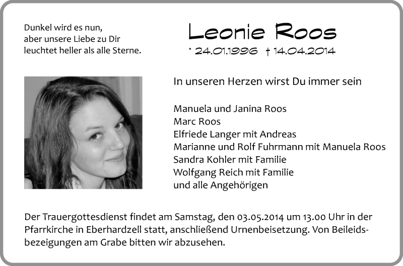  Traueranzeige für Leonie Roos vom 30.04.2014 aus Schwäbische Zeitung