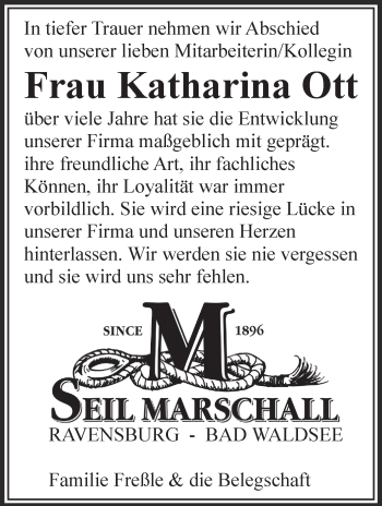 Anzeige von Katharina Ott von Schwäbische Zeitung
