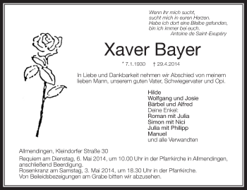 Anzeige von Xaver Bayer von Schwäbische Zeitung
