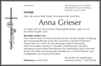 Anzeige von Anna Grieser von Schwäbische Zeitung