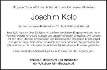 Anzeige von Joachim Kolb von Schwäbische Zeitung
