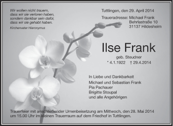 Anzeige von Ilse Frank von Schwäbische Zeitung