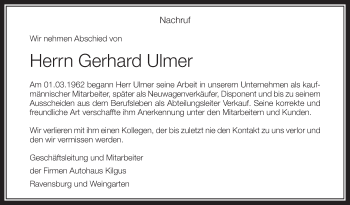 Anzeige von Gerhard Ulmer von Schwäbische Zeitung