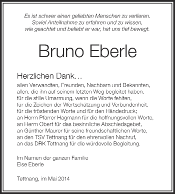 Anzeige von Bruno Eberle von Schwäbische Zeitung