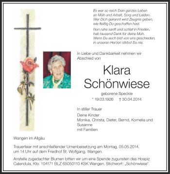 Anzeige von Klara Schönwiese von Schwäbische Zeitung
