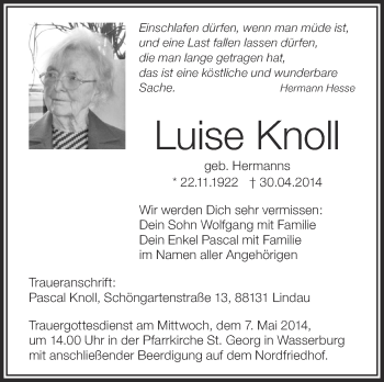 Anzeige von Luise Knoll von Schwäbische Zeitung