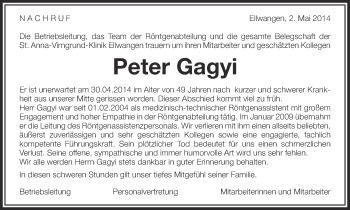 Anzeige von Peter Gagyi von Schwäbische Zeitung