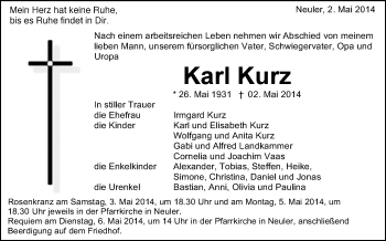 Anzeige von Karl Kurz von Schwäbische Zeitung