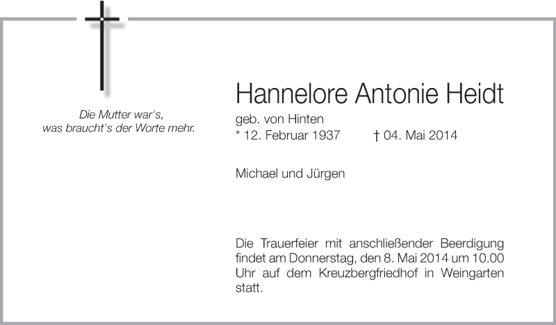  Traueranzeige für Hannelore Heidt vom 06.05.2014 aus Schwäbische Zeitung