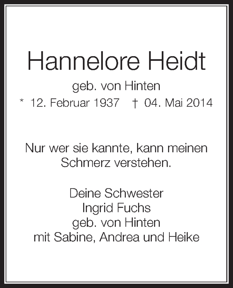  Traueranzeige für Hannelore Heidt vom 06.05.2014 aus Schwäbische Zeitung