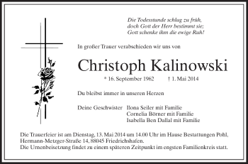 Anzeige von Christoph Kalinowski von Schwäbische Zeitung
