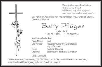Anzeige von Betty Pflüger von Schwäbische Zeitung