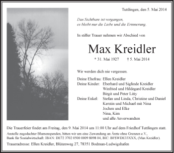 Anzeige von Max Kreidler von Schwäbische Zeitung