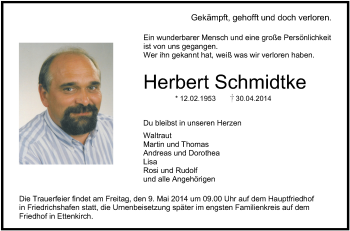 Anzeige von Herbert Schmidtke von Schwäbische Zeitung