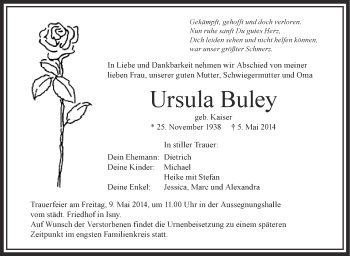 Anzeige von Ursula Buley von Schwäbische Zeitung