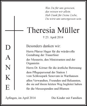 Anzeige von Theresia Müller von Schwäbische Zeitung