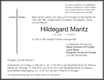 Anzeige von Hildegard Mantz von Schwäbische Zeitung