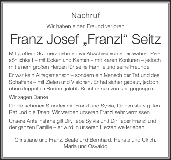 Anzeige von Franz Josef Seitz von Schwäbische Zeitung