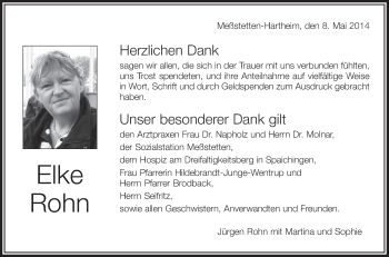 Anzeige von Elke Rohn von Schwäbische Zeitung