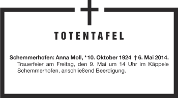 Anzeige von Totentafel Anna Moll von Schwäbische Zeitung