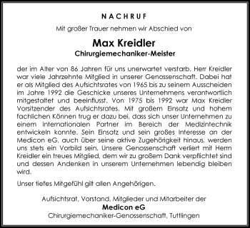 Anzeige von Max Kreidler von Schwäbische Zeitung