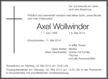 Anzeige von Axel Wollwinder von Schwäbische Zeitung