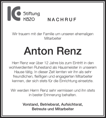 Anzeige von Anton Renz von Schwäbische Zeitung