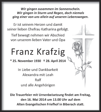 Anzeige von Franz Krafzig von Schwäbische Zeitung