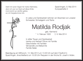 Anzeige von Matilda Rodjak von Schwäbische Zeitung