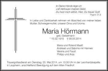 Anzeige von Maria Hörmann von Schwäbische Zeitung