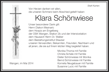 Anzeige von Klara Schönwiese von Schwäbische Zeitung