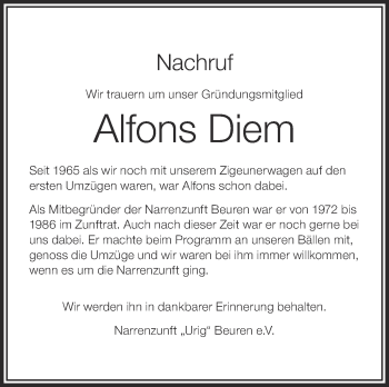 Anzeige von Alfons Diem von Schwäbische Zeitung