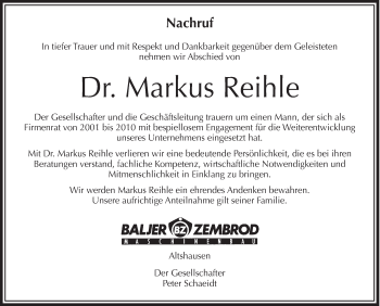 Anzeige von Markus Reihle von Schwäbische Zeitung