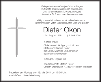 Anzeige von Dieter Okon von Schwäbische Zeitung