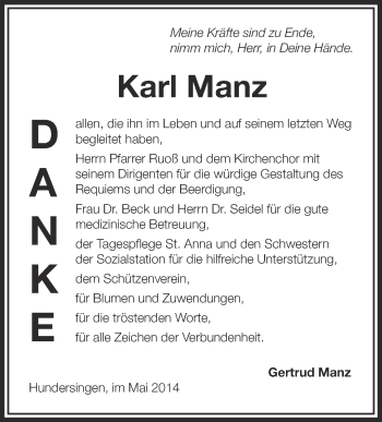 Anzeige von Karl Manz von Schwäbische Zeitung